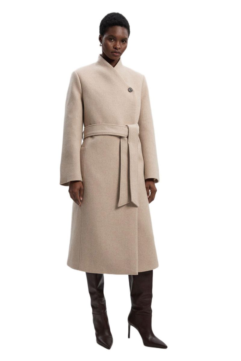 Women's Wool Wrap Neck Tailored Belted Midi Coat