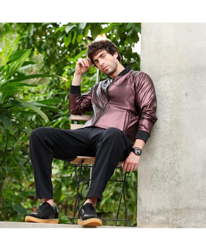 Men's Men's Chocolate Brown Patent-Panel Bomber Jacket