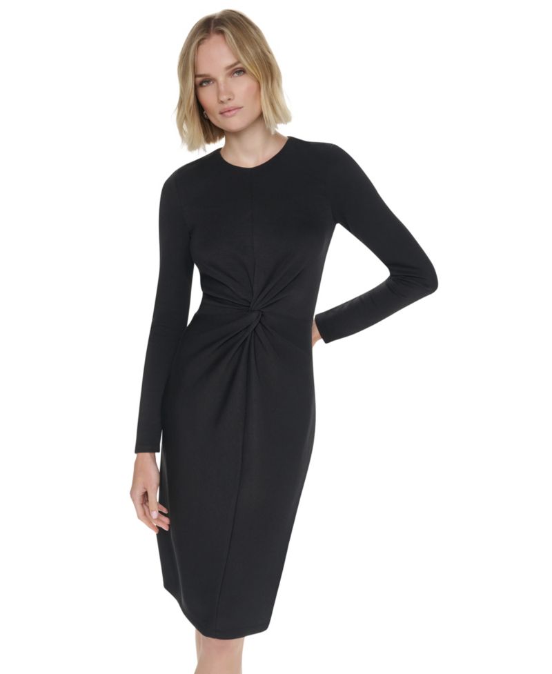 Women's Long-Sleeve Knot Front Midi Dress