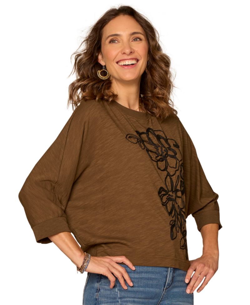 Petite Scoop Neck Embroidered Knit Top