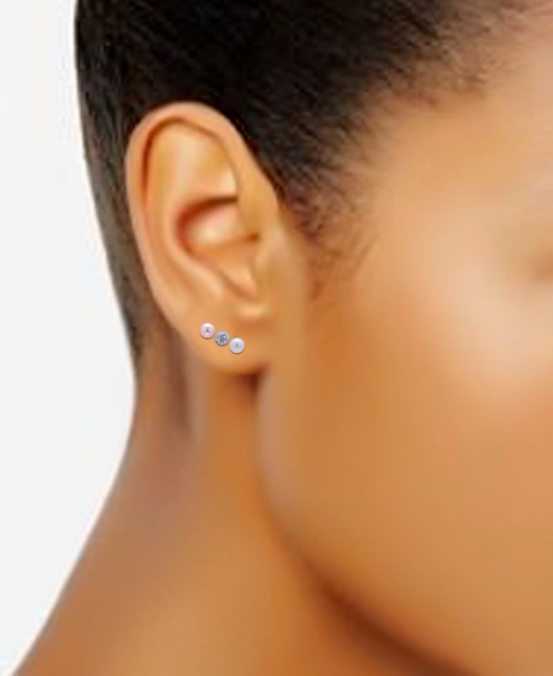 White and Pink Freshwater Pearl Button and Clear Crystal Fireball Stud Earrings Set