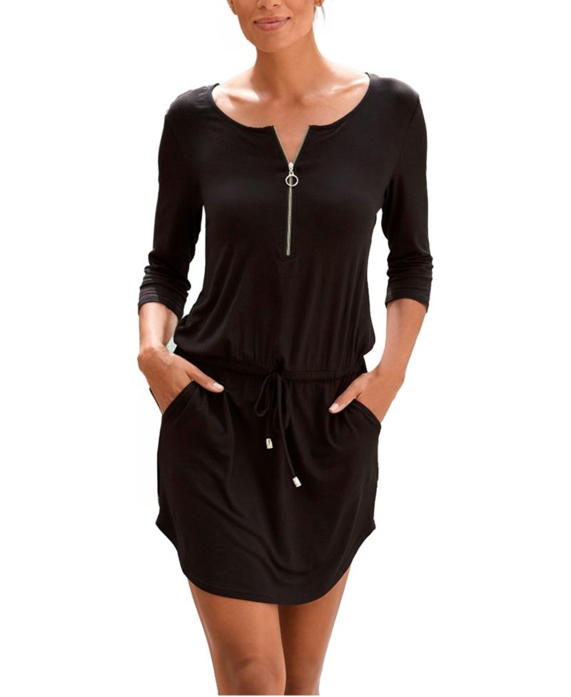 Women's 3/4-Sleeve Zipper-Detail Mini Viscose-Blend Dress