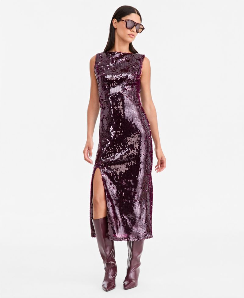Women's Sequin Side-Slit Sleeveless Midi Dress
