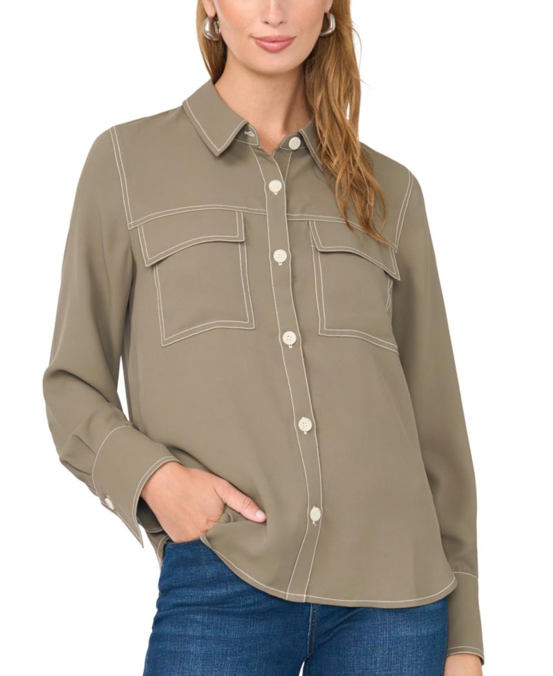 Women's Contrast Stitch Button Front Collared Top