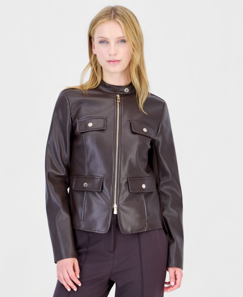 Women's Zip-Up Mixed-Media Faux Leather Jacket
