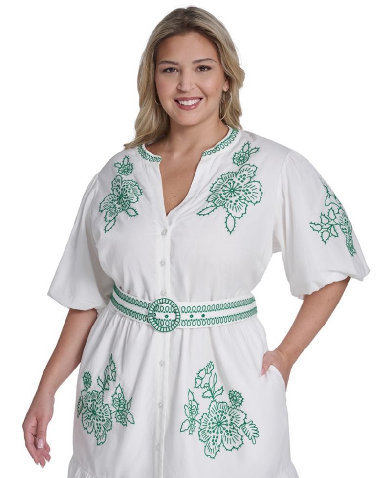 Plus Size Puff-Sleeve Embroidered Dress