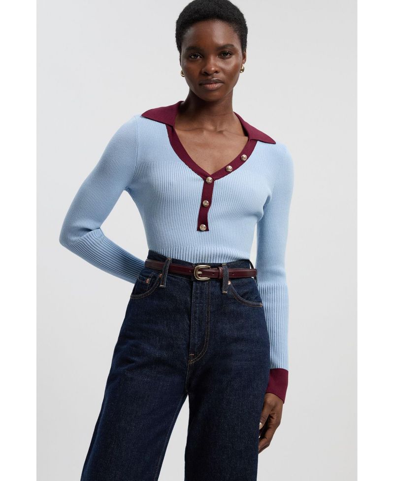Women's Rib Knit Contrast Hem Collared Top