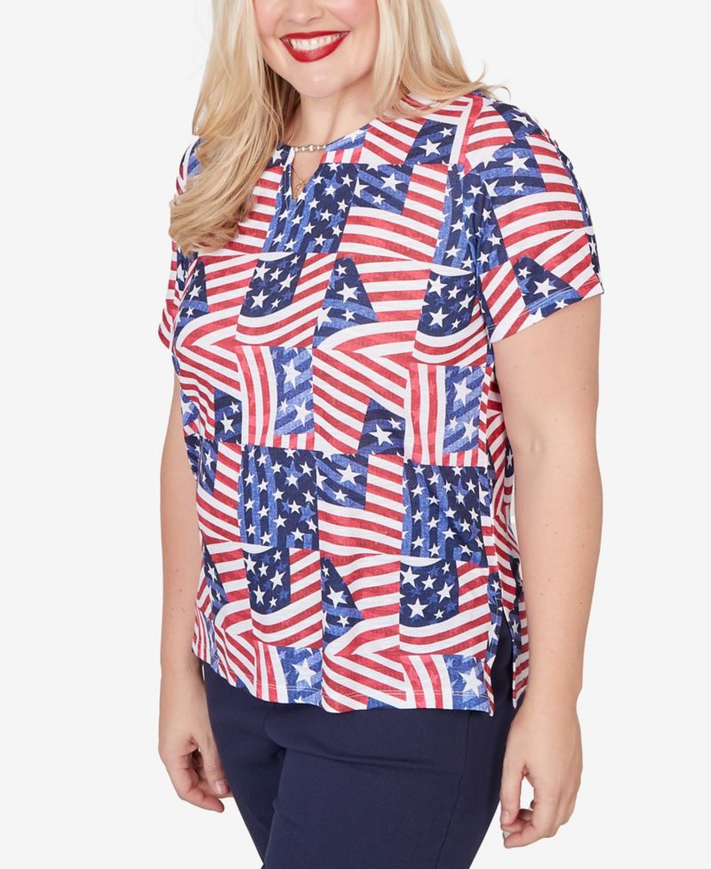 Women's Lady Liberty American Flag Patchwork Keyhole T-Shirt