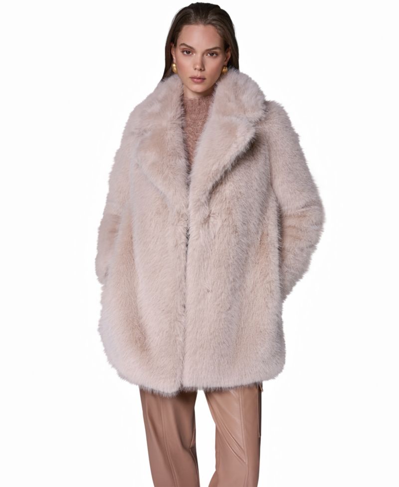 Womens Belted Collared Faux Fur Coat