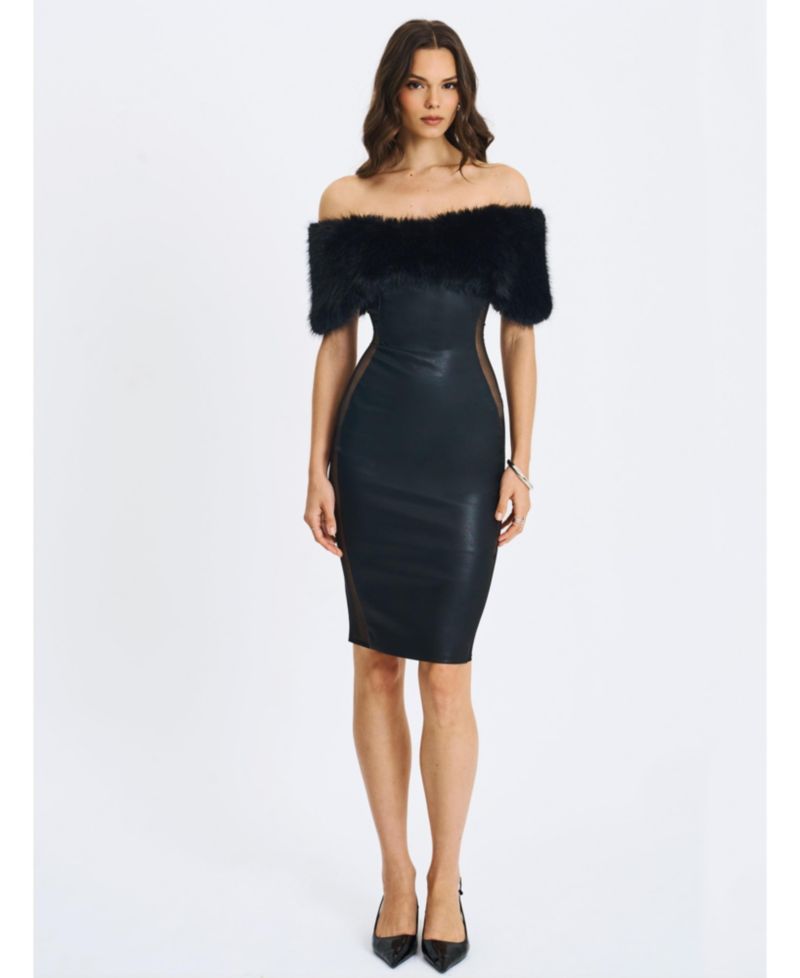 Women Bellis Black Fur Trim Mesh Panel Off-Shoulder Midi Dress