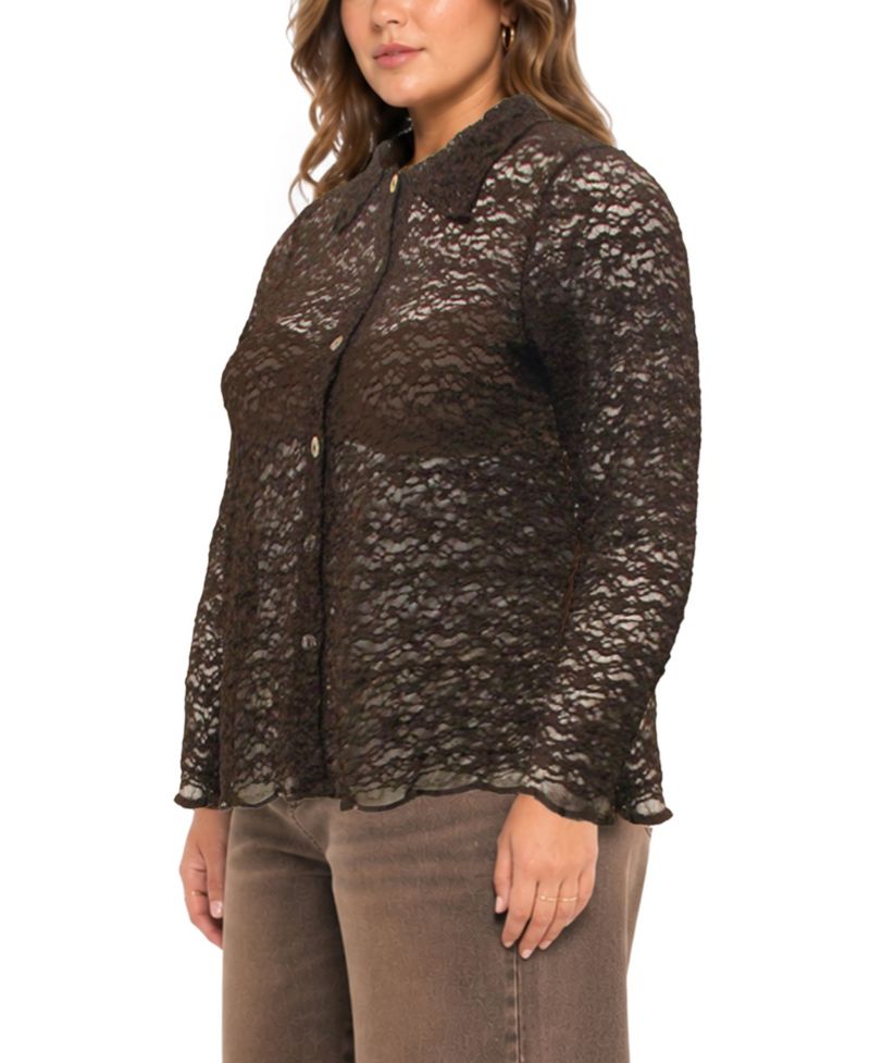Plus Size Long-Sleeve Lace Floral-Edge Shirt