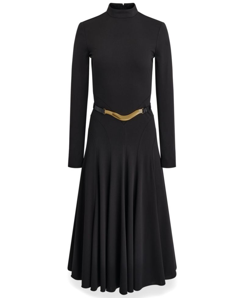 Women's Long Sleeve Mock Neck Pleated Maxi Dress with Belt