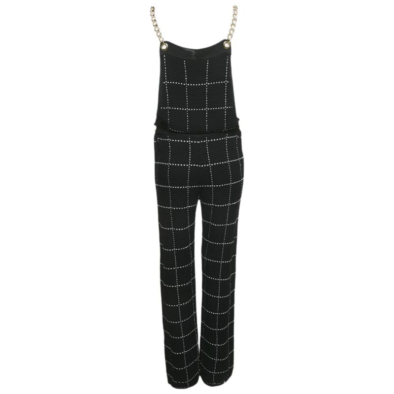 Women's Black Patterned Knit Chain Strap Detail Jumpsuit