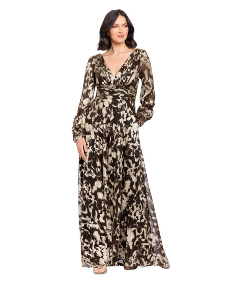 Women's Metallic V-Neck Ruched-Waist Gown