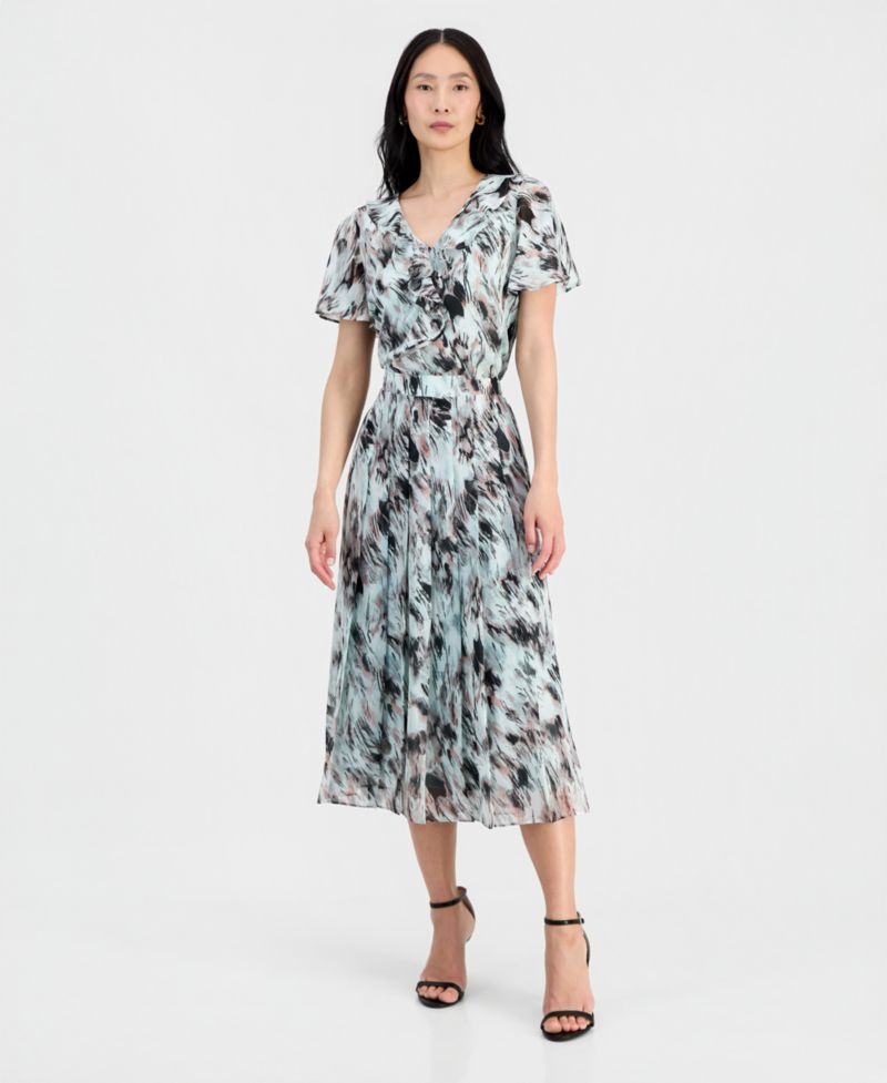 Women's Ruffle-Front Flutter-Sleeve Blouse & Pull-ON Pleated-Front Skirt