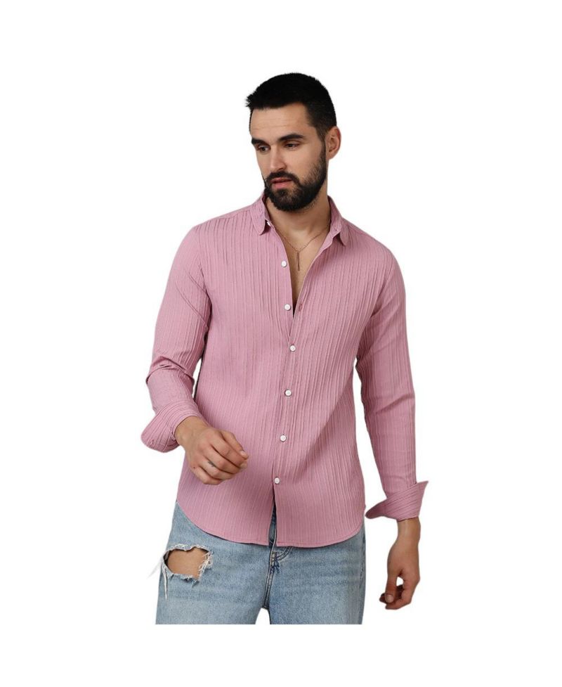 Men's Salmon Pink Self-Design Striped Shirt
