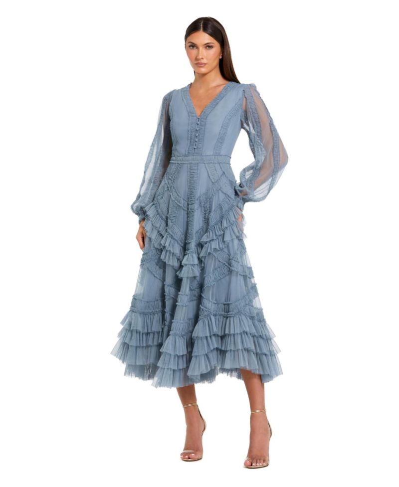 Petite Long Sleeve V Neck Mesh Micro Ruffle Midi Dress