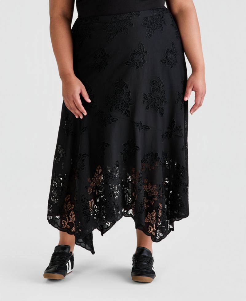 Petite Asymmetric Floral Cutwork Pull-On Skirt