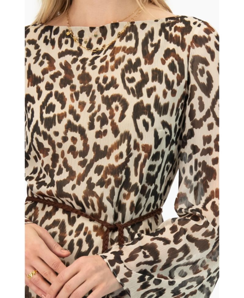 Women's Short Animal Print Dress with Waist Tie