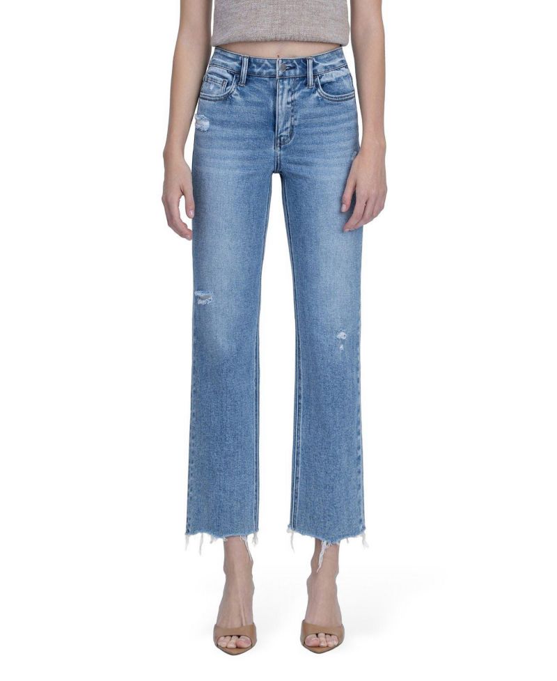 Women's High Rise Distressed Detail Ankle Straight Jeans