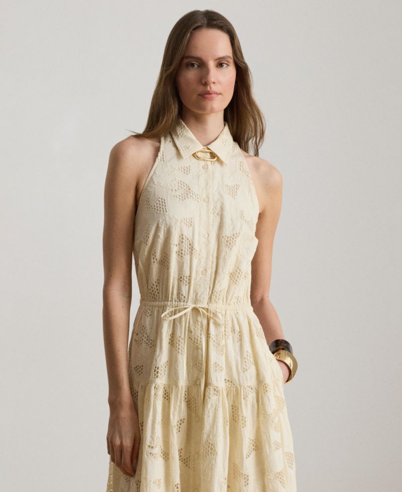Women's Spread Collar Floral-Eyelet Voile Tiered Shirt-Dress
