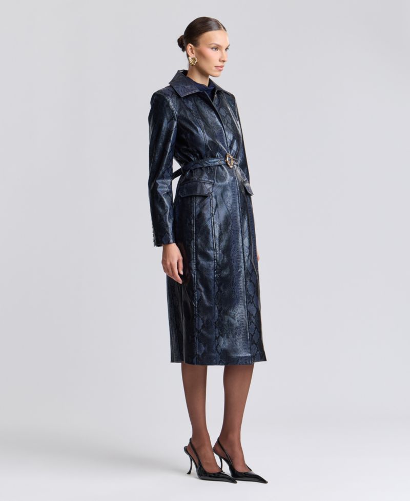 Women's Center Front Belted Python-Print Faux Leather Trench Coat