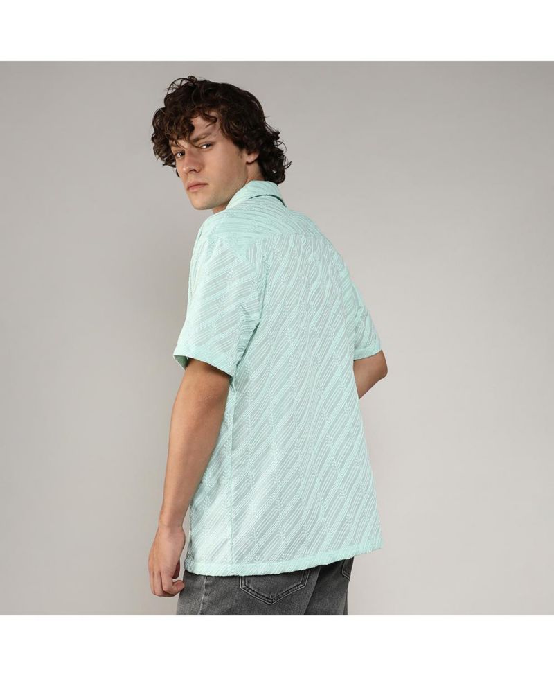 Men's Mint Green Embroidered Striped Shirt
