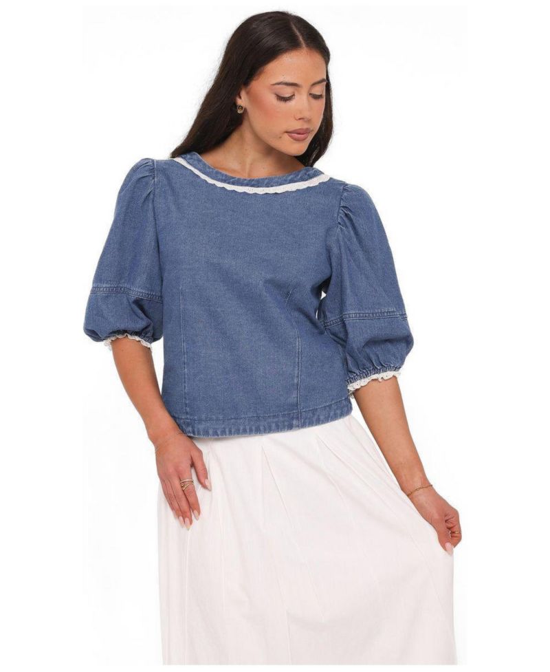 Women's Merli Denim Open-Back Puff-Sleeve Top