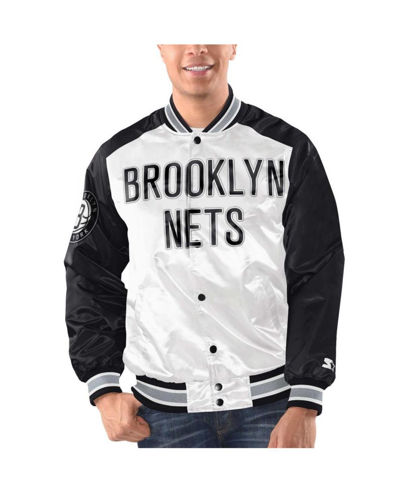 Men's White, Black Brooklyn Nets Renegade Satin Full-Snap Varsity Jacket