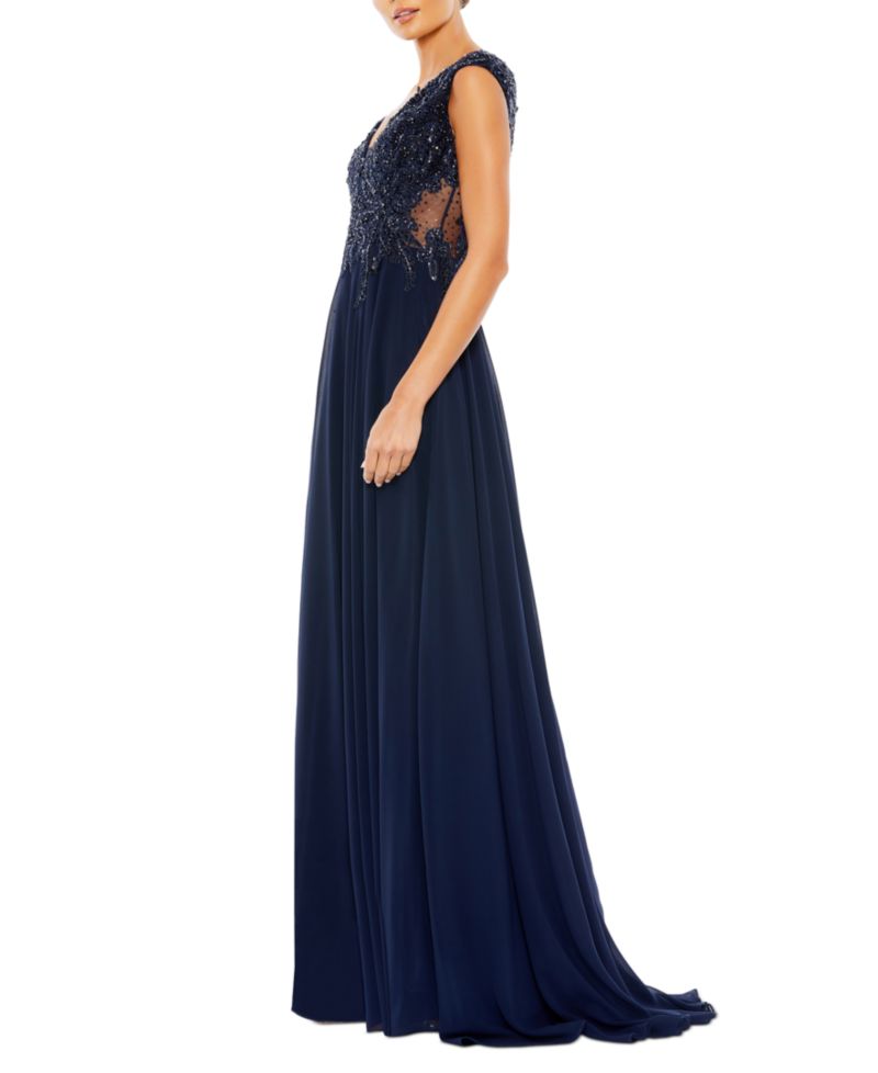 Women's Appliqued Cap Sleeve Bodice Flowy Gown