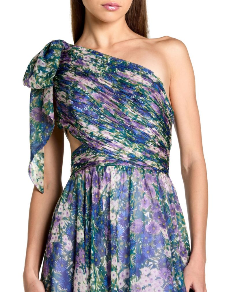 Women's One Shoulder Floral Maxi Gown with Side Cutout