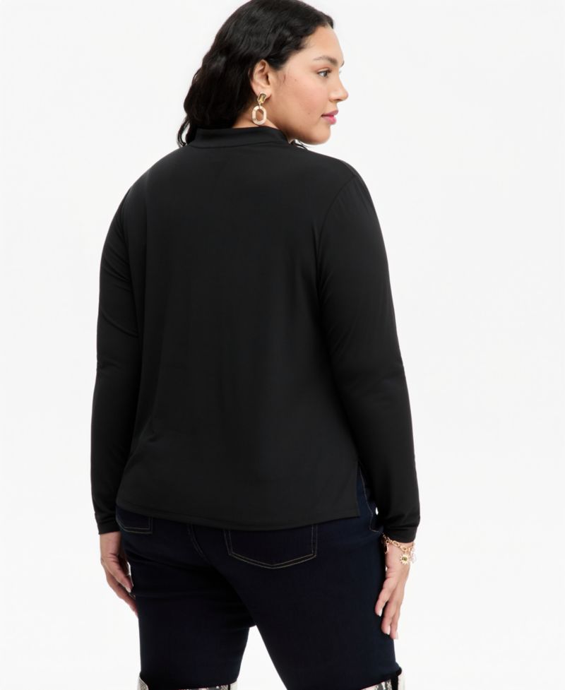 Plus Size Women's Split Band-Collar Long-Sleeve Knit Top