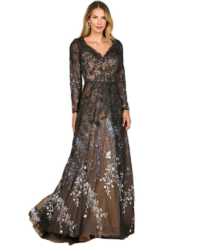 Women's Long Sleeve V-Neck Ombre Lace Gown