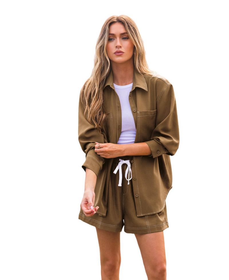Women's Contrast Stitch Button Down Shirt & Drawstring Short Matching Set