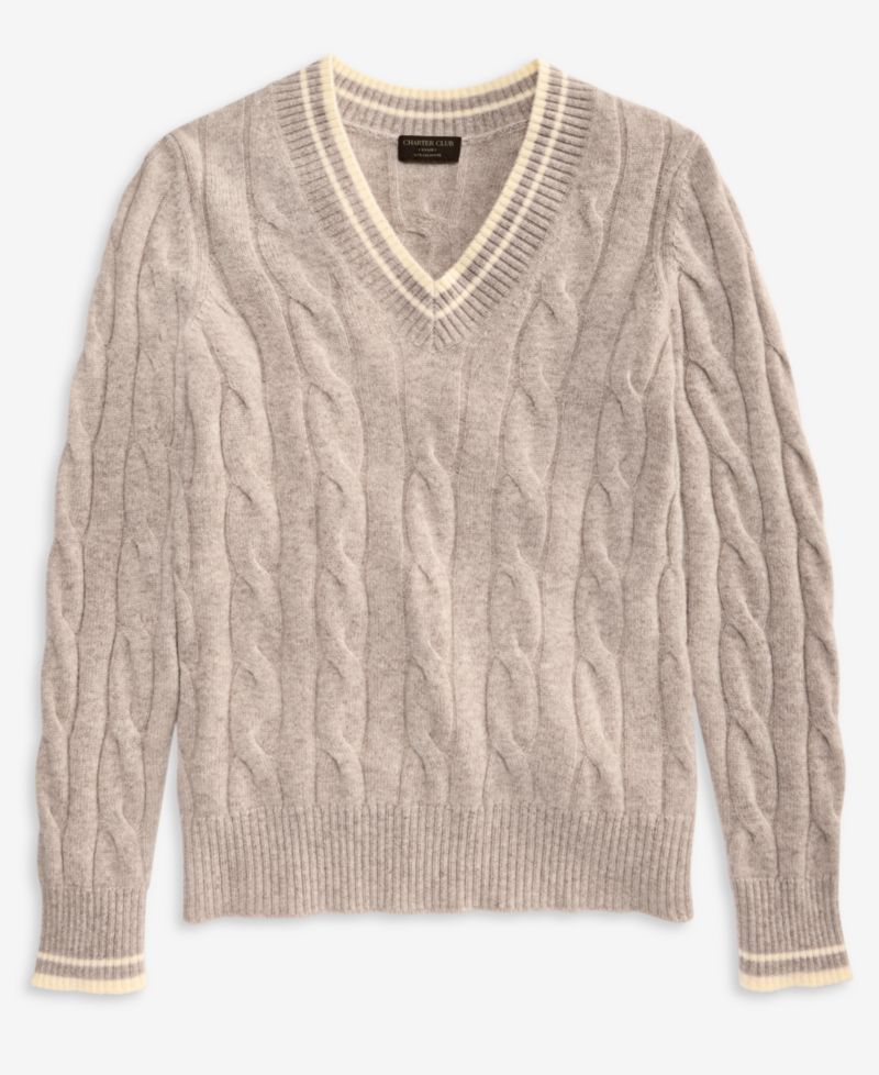 Women's 100% Cashmere Cable-Knit Tipped V-Neck Sweater