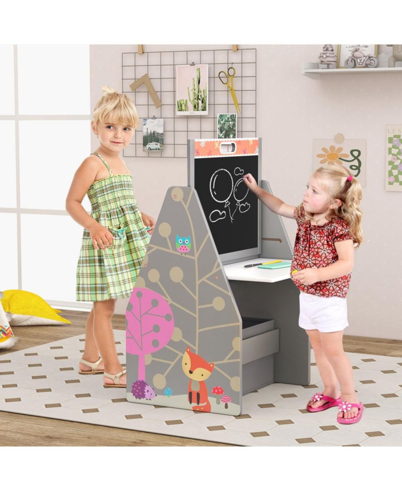 Kids Table & Chair Set with Rotatable Double-sided Magnetic Blackboard & Whiteboard