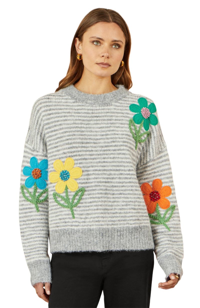 Women's Striped Floral Relaxed Fit Sweater