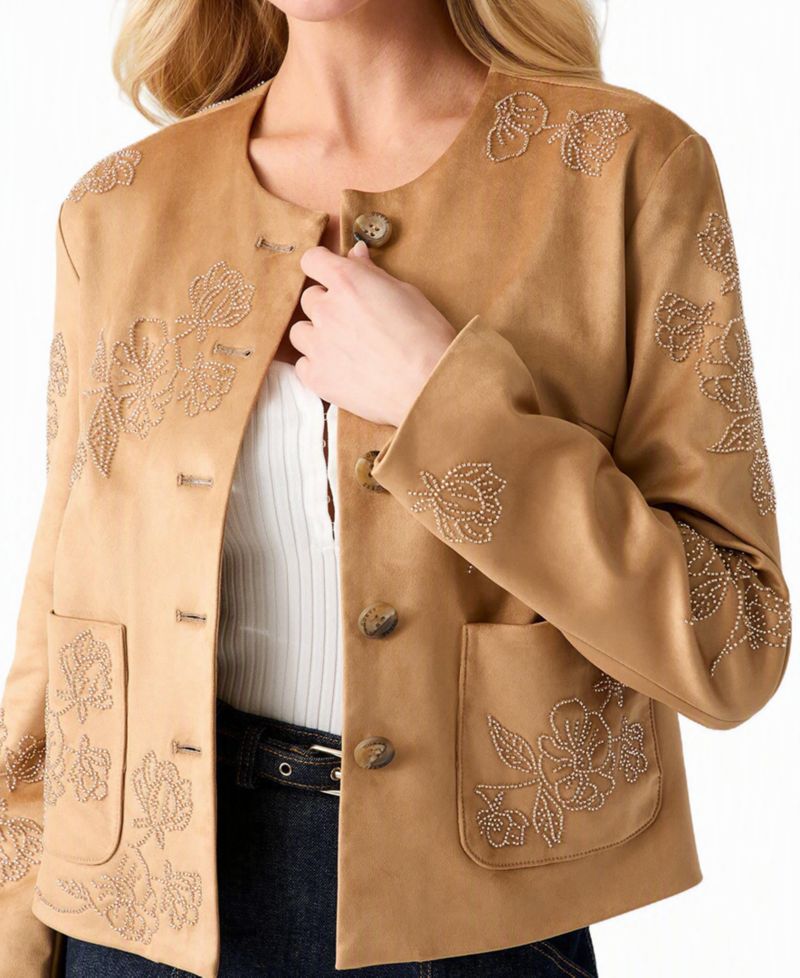 Women's Oceane Faux-Suede Floral-Embroidered Jacket