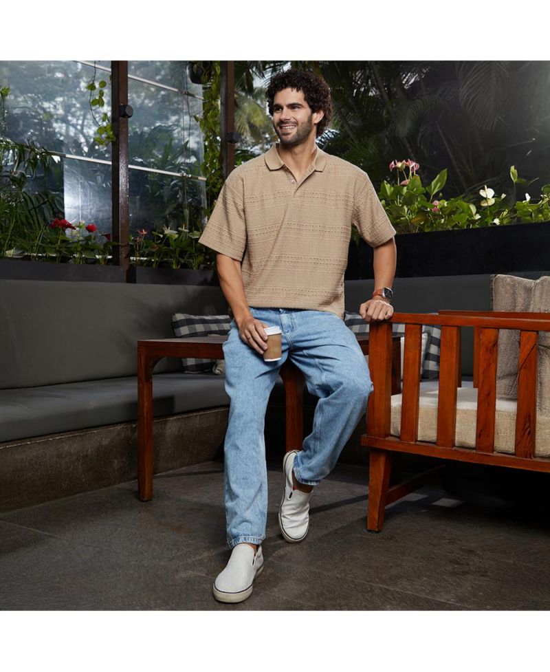 Men's Buff Beige Bohomian Oversized Polo T-Shirt