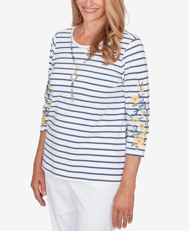 Petite Classic Floral Embroidered Stripe Top with Necklace