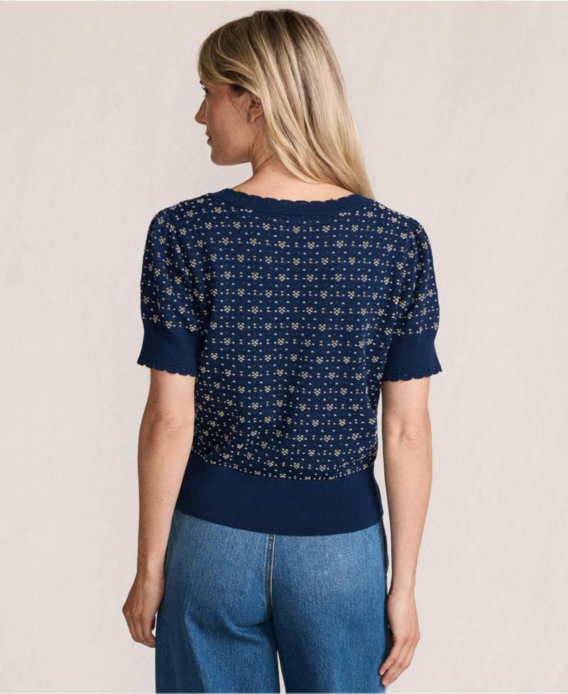 Women's Fine Gauge Cotton Jacquard Scoop Neck Sweater