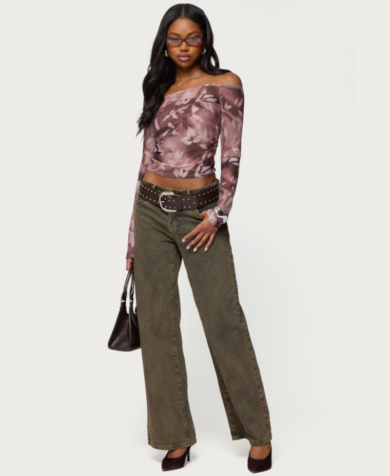 Women's Off Shoulder Printed Sheer Mesh Top