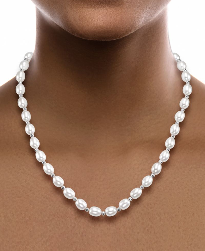 Cultured Freshwater Pearl (7-8mm) And Bead 18" Necklace In Sterling Silver