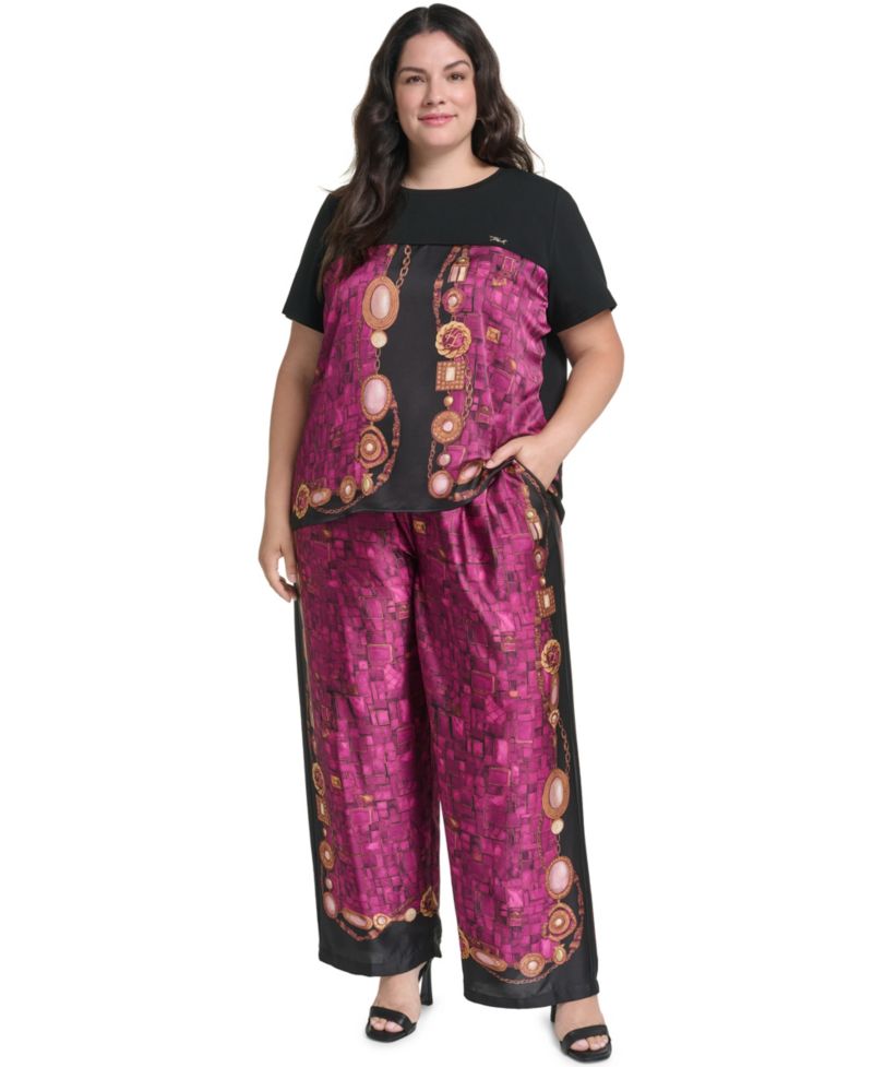 Plus Size Gemstone Knit Placed-Print Crewneck Blouse