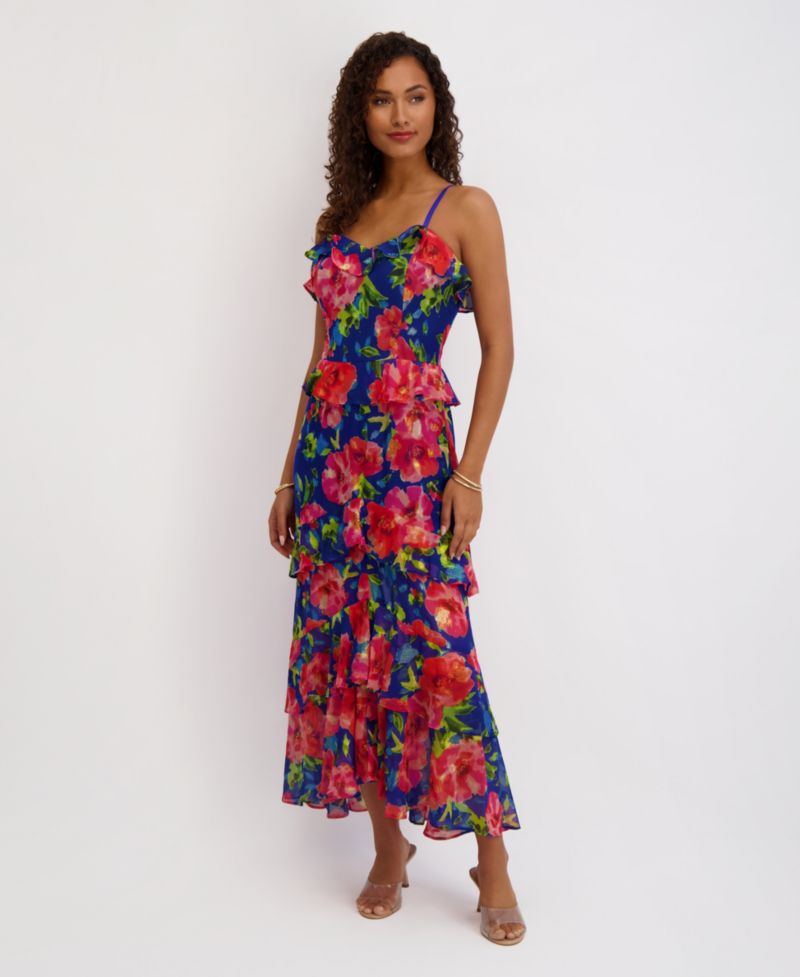 Women's Printed Sweetheart Neck Ruffle Detail Maxi Dress