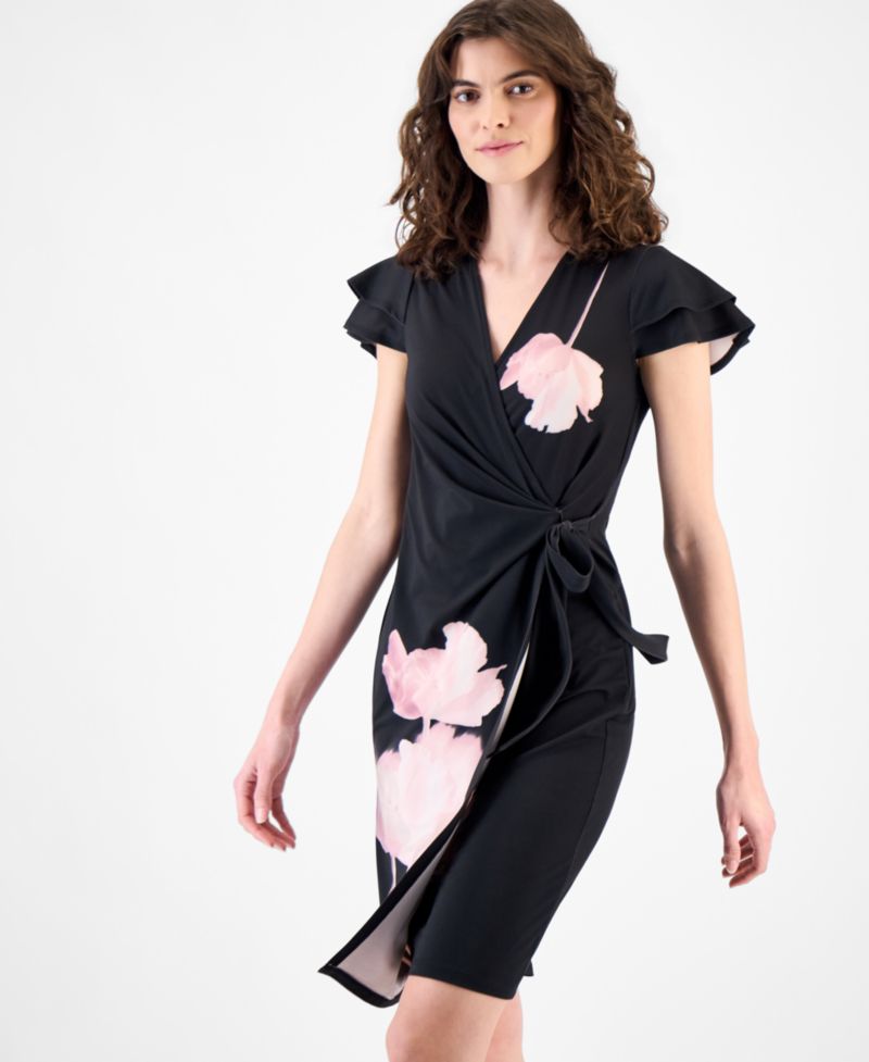 Women's Flutter-Sleeve Faux-Wrap Dress