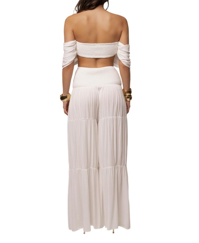 Women's Hidden Gems Tier Off-the-Shoulder Crop High-Waisted Top and Pants, 2-Piece Set