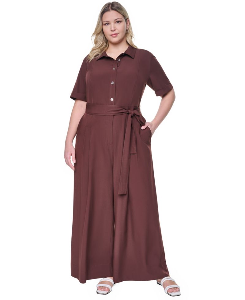 Plus Size Wide-Leg Short-Sleeve Tie Belt Jumpsuit
