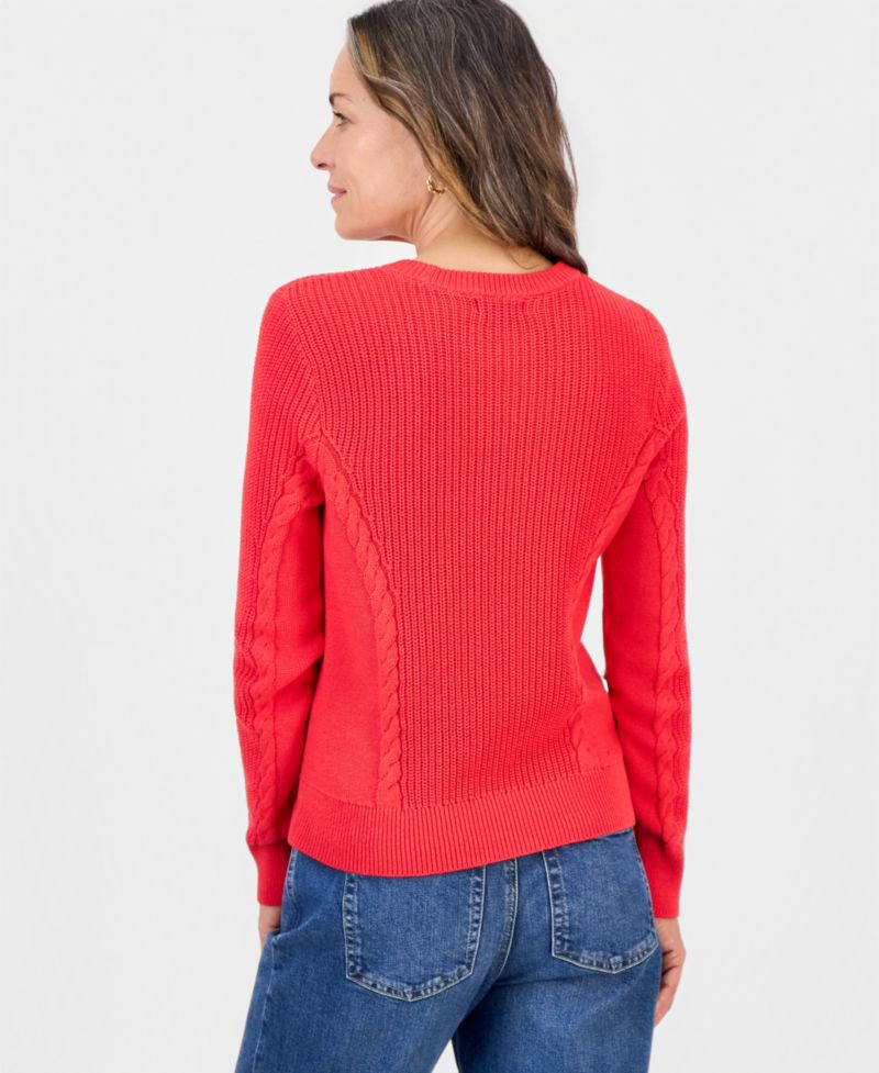 Petite Mixed Rib Cable-Knit Cotton Crewneck Pullover