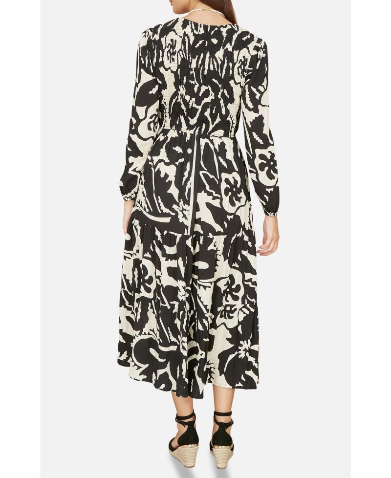 Women's Abstract Print Ruched V-Neck Midi Dress